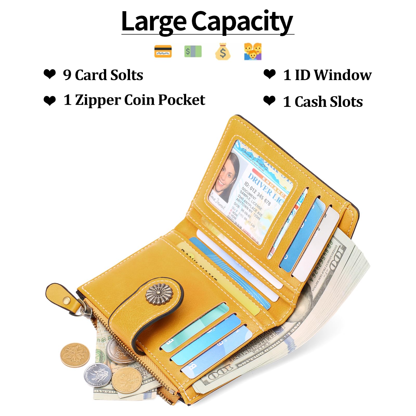 Small Wallet for Women Bifold Credit Card Holder RFID Blocking with Zipper Pocket
