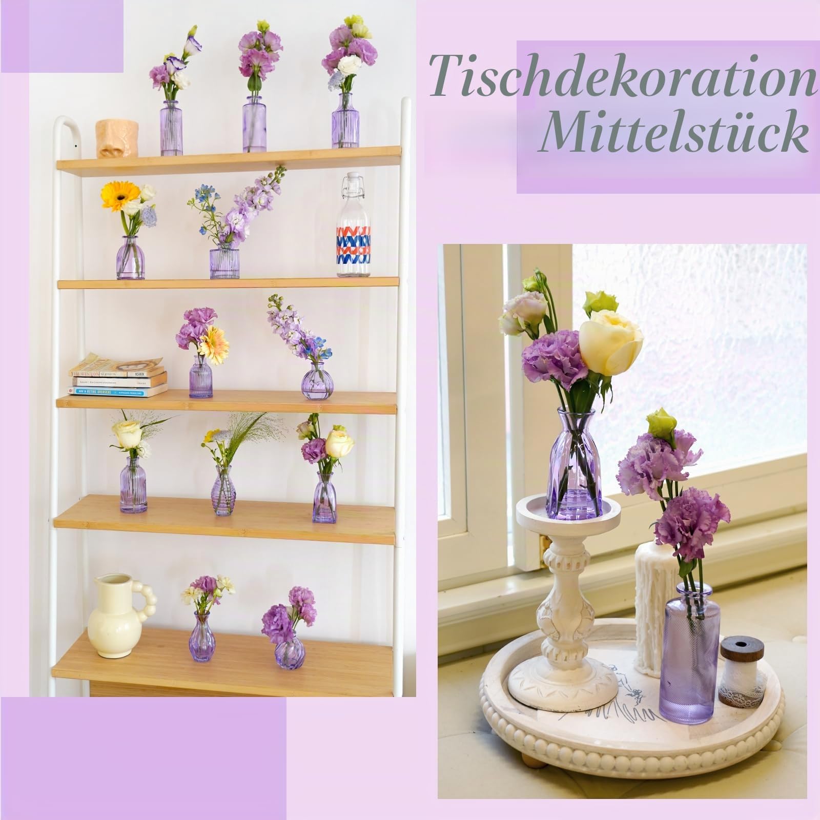 Glasvasen, 61 cm, kleine Violette Vase, Glasvasen für Blumen, Moderne, gerippte, farbige Knospenvase für Dekoration, Hochzeit, Blumenvase in Großpackung, Vintage-Dekor, Brautparty, Tafelaufsatz