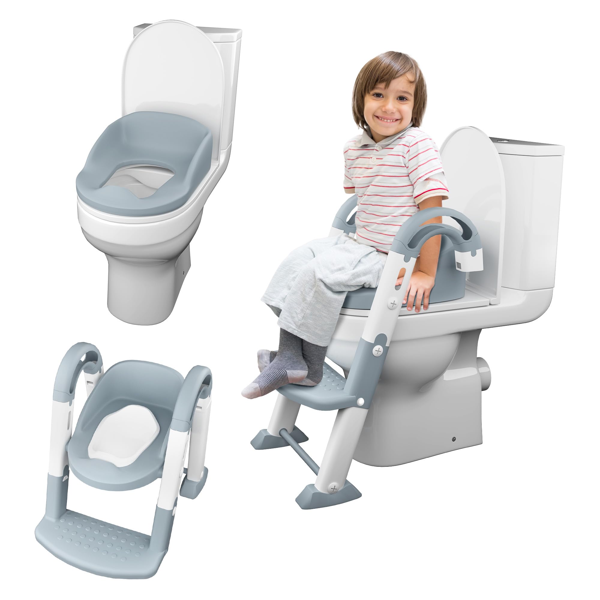 Kyoot 3-in-1 Foldable Ladder Potty Training Toilet Seat | Toddler Step Stool, Removable Seat & Training Potty | Toilet Training with Steps, Handle & Soft Cushion Design | Children & Toddlers | Grey