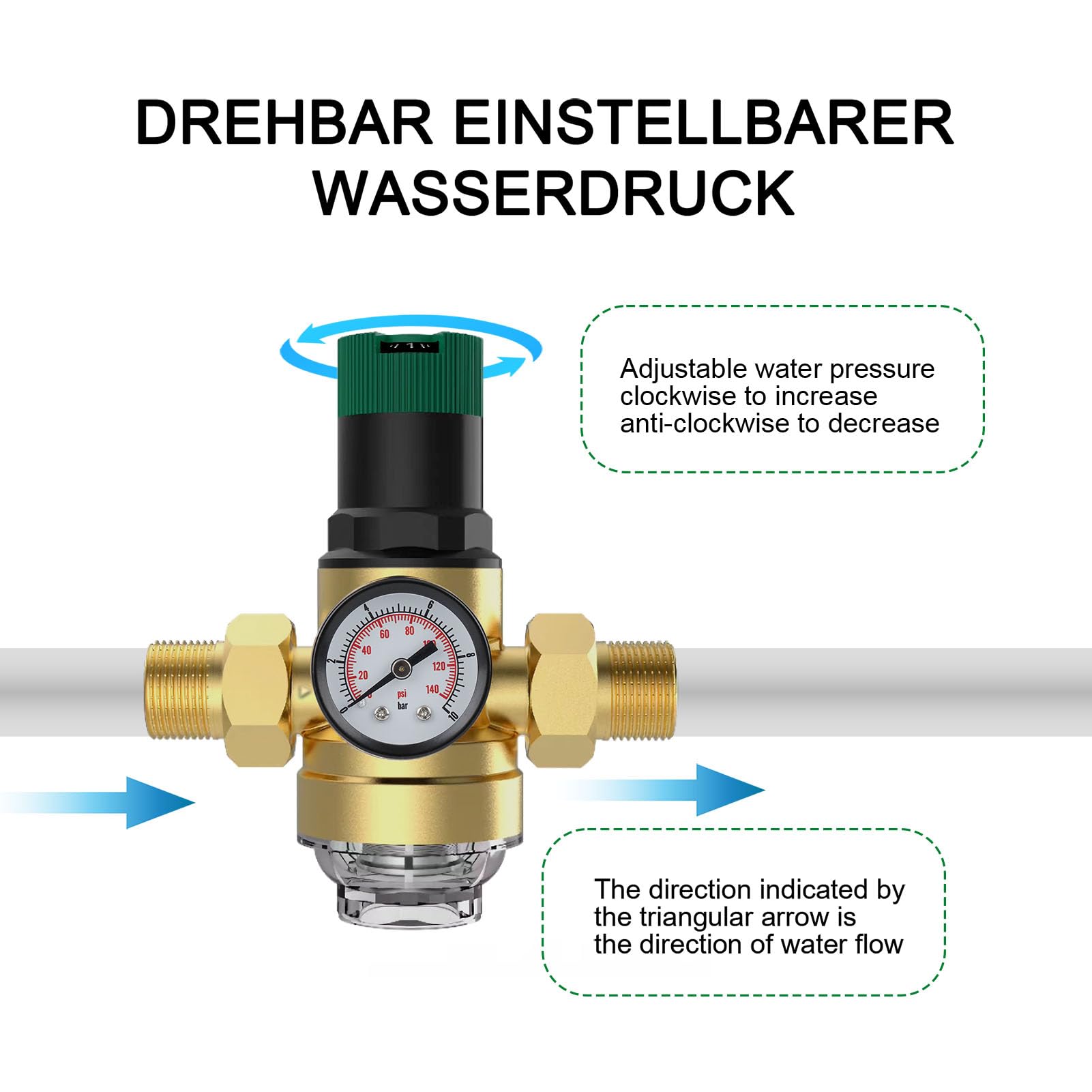 Druckminderer Wasser 1 Zoll, Druckregler Wasser mit Manometer und Siebfilter, Messing Wasserdruckminderer mit Verschraubungen, Sicher und Langlebig
