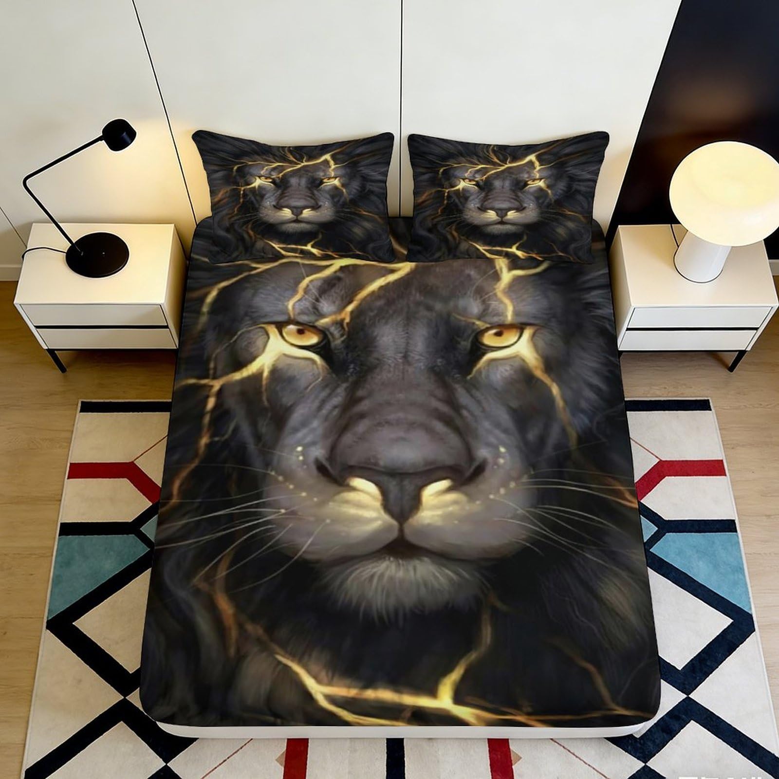3D Printed Lightning Lion Fitted Sheet Microfiber Soft Anti-Slip Bed Cover for Bedroom Dorm Mattress Protection Decor 90x200x25cm