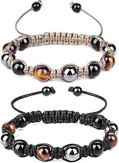 Triple Protection Bracelet,Genuine Tigers Eye Black Obsidian and Hematite Beads Bracelet for Men Women,Handmade
