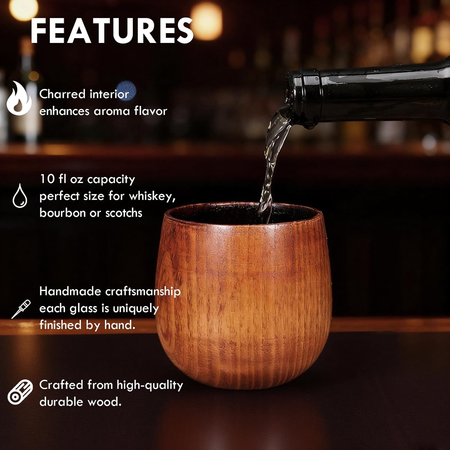 Charred Wooden Whiskey Glass, Old Fashioned Glass for Men Handcrafted Wooden Old Fashioned Glasses 10oz Bourbon Unique Whiskey Gifts for Men Dad Husband Brother Christmas - Image 3