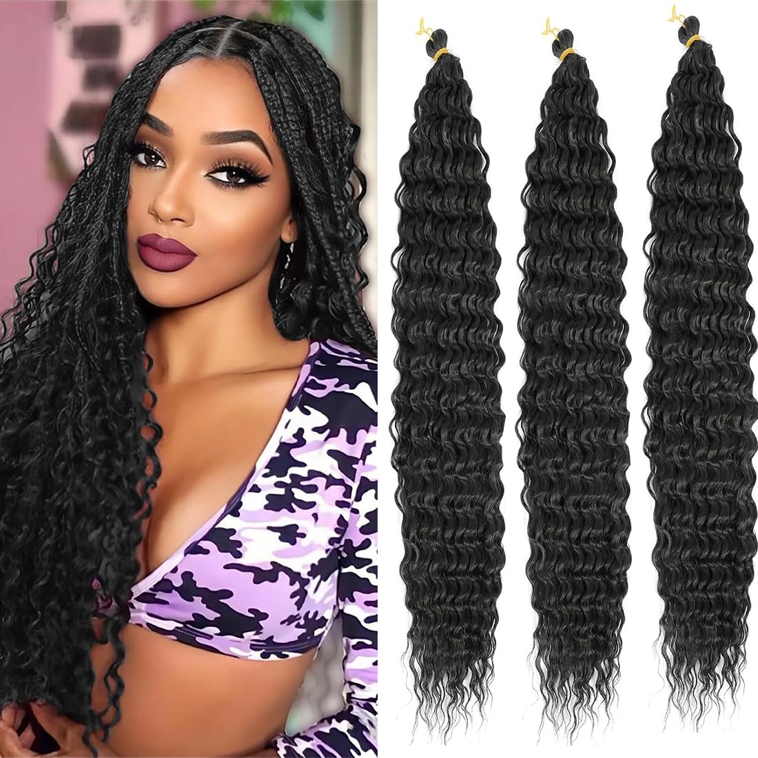 aikaaOcean Wave Crochet Hair 24 inch Long Deep Wave Curly Braiding Hair Soft Synthetic Curly Crochet Hair For Black Women (24 Inch(Pack of 3), 1B)