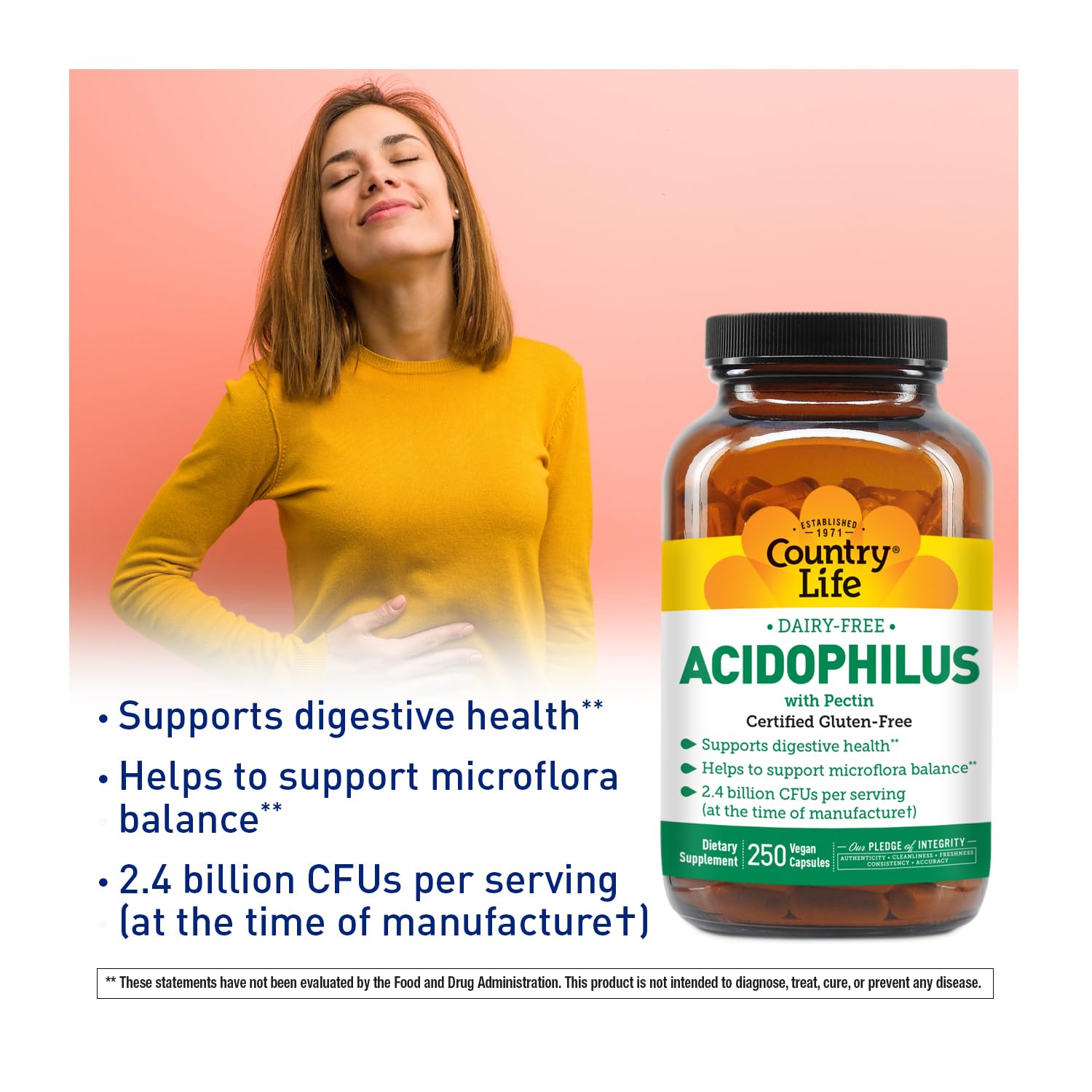 Country Life Acidophilus Probiotic Supplement for Women & Men - Free from Common Allergens - 2.4 Billion CFUs to Support Digestive Health - Dairy-Free, Non-GMO, 250 Vegan Capsules — Amazon image 4