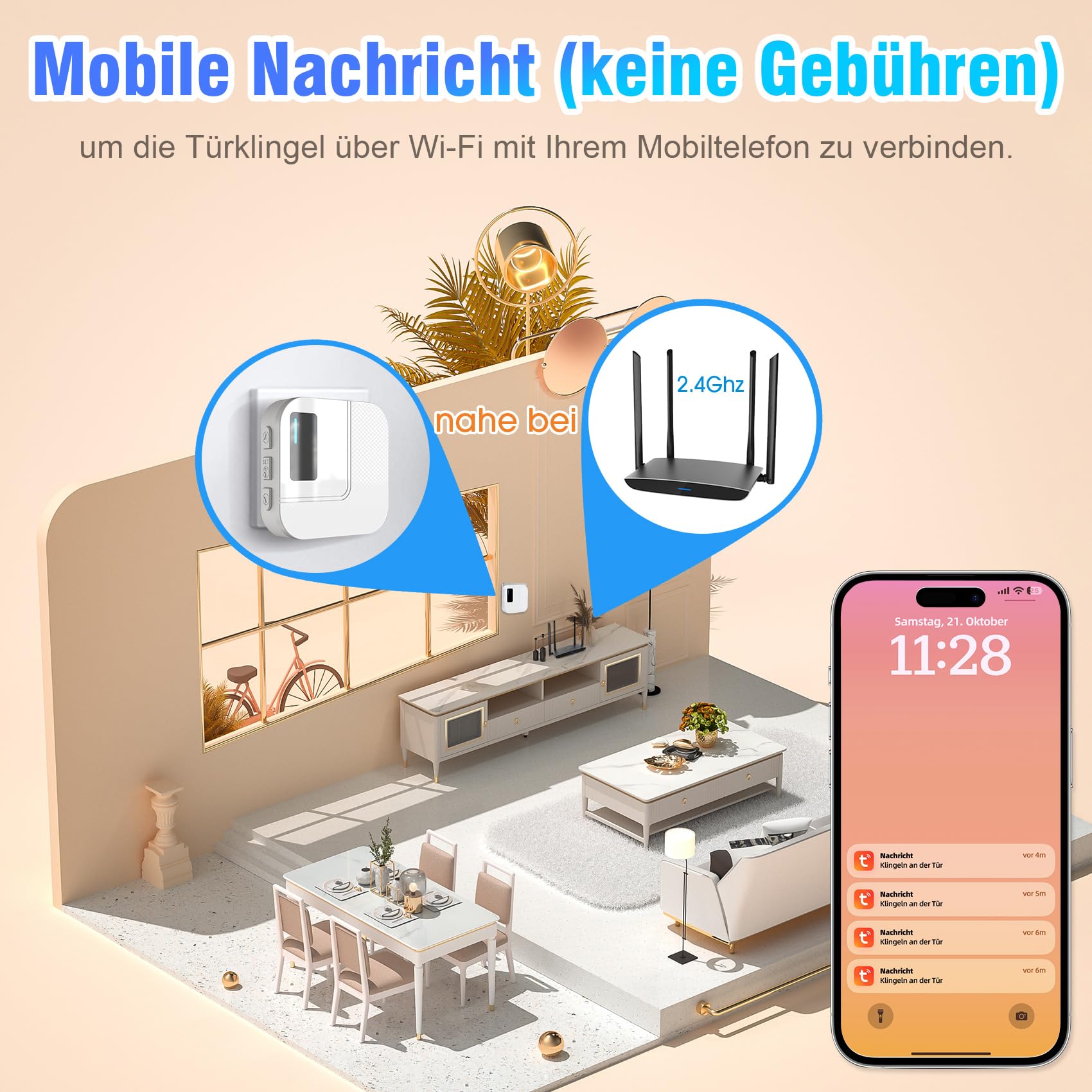DAYTEE Mobile Türklingel, WiFi Tuya Smart Doorbell, Touch Outdoor Waterproof Doorbell (Weiß 1*Empfänger +2*Sender)