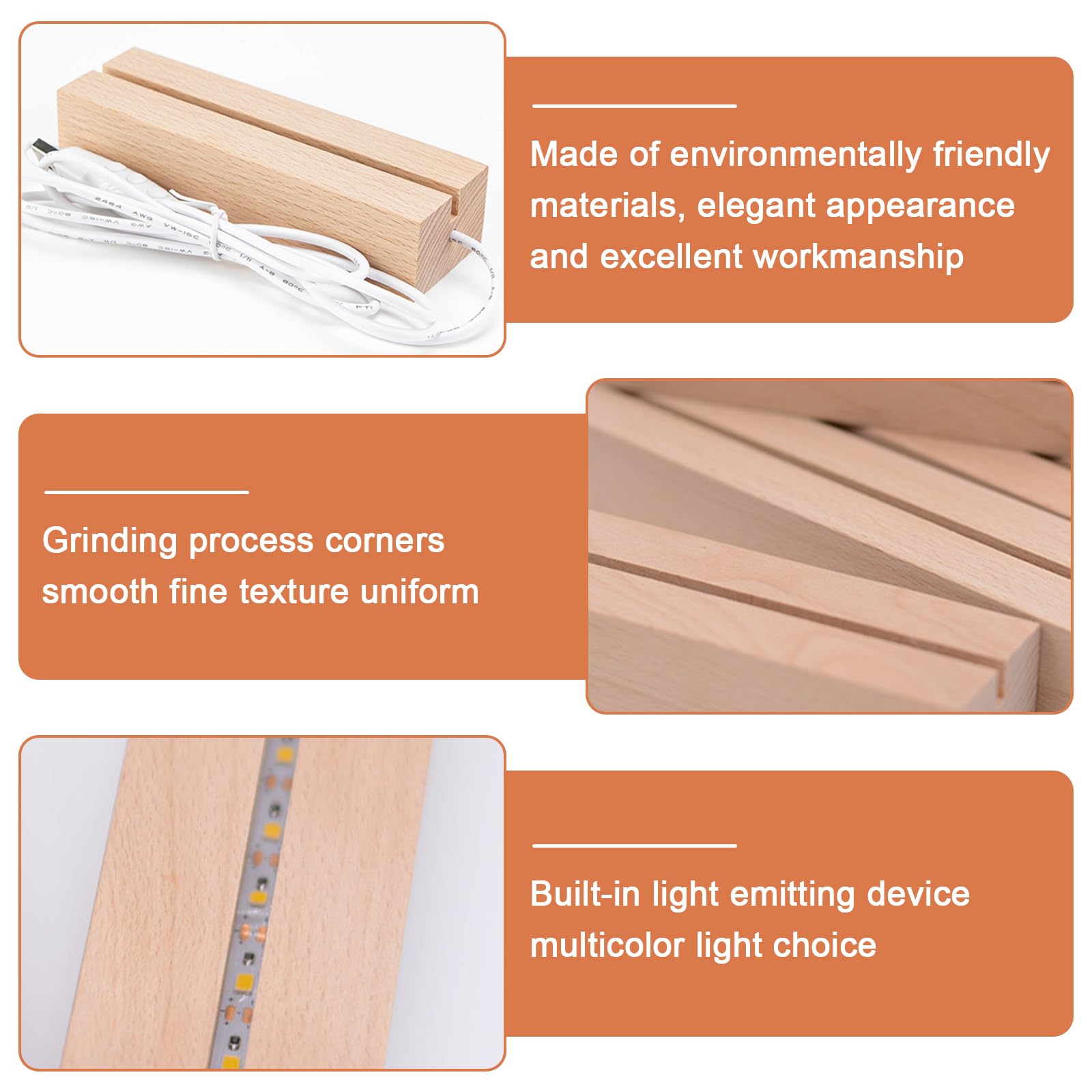 4 pezzi base LED in legno di faggio: base per display con striscia LED, supporto rettangolare per display luce calda 3 x 4,5 x 15 cm, per pannelli acrilici spessi fai da te, decorazione in