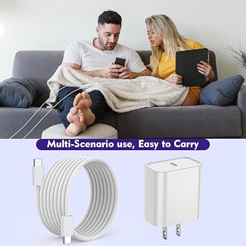 Miniatura 7 de Paquete de 3 Cargador largo de 10 pies para iPhone 17 16e 15, bloque de cargador de pared de carga rápida de 20W, cable trenzado tejido USB C a C de