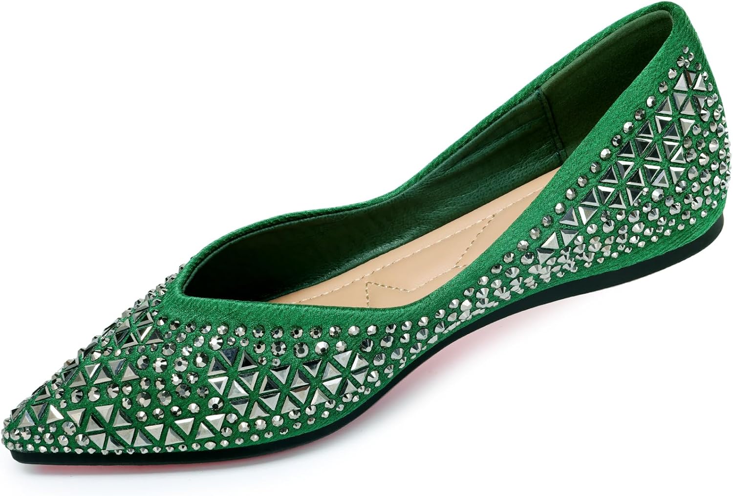Women's Flats Rhinestone Pointed Ballet Flats Comfortable Soft Memory Foam Insole for Women Sparkle Elegant Dress Shoes Green 6