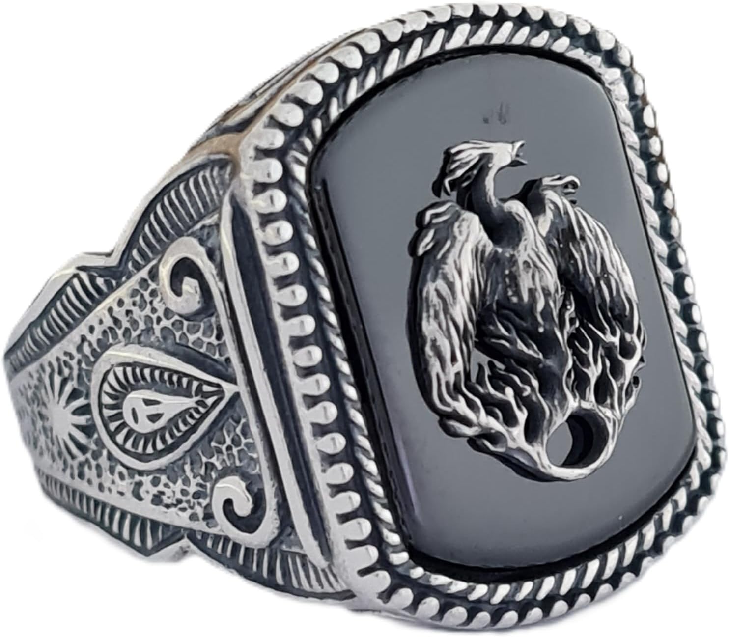 Phoenix Ring, Men’s 925 Sterling Silver Phoenix Ring with Black Onyx, Mythological Bird, Handmade Ottoman Style, Unique Statement Jewelry