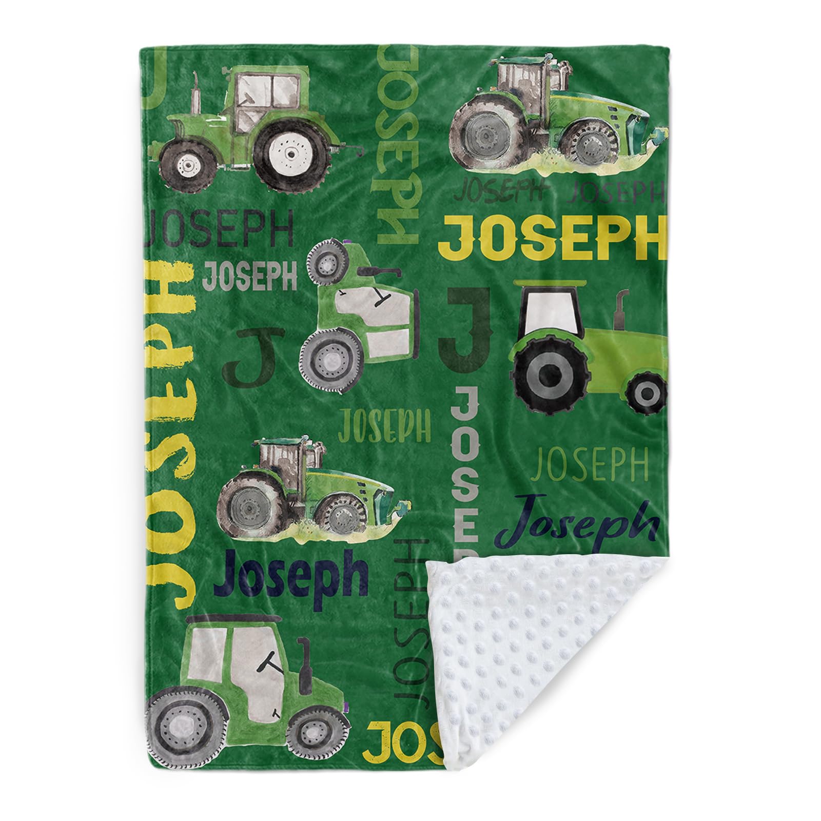 Custom Tractors Blanket - Farm Tractor Trucks Design with Personalized Names - Soft Plush Flannel Throw Blanket with Double Layer Dotted Backing for Baby Kids Teen Boys Girls Gifts Green