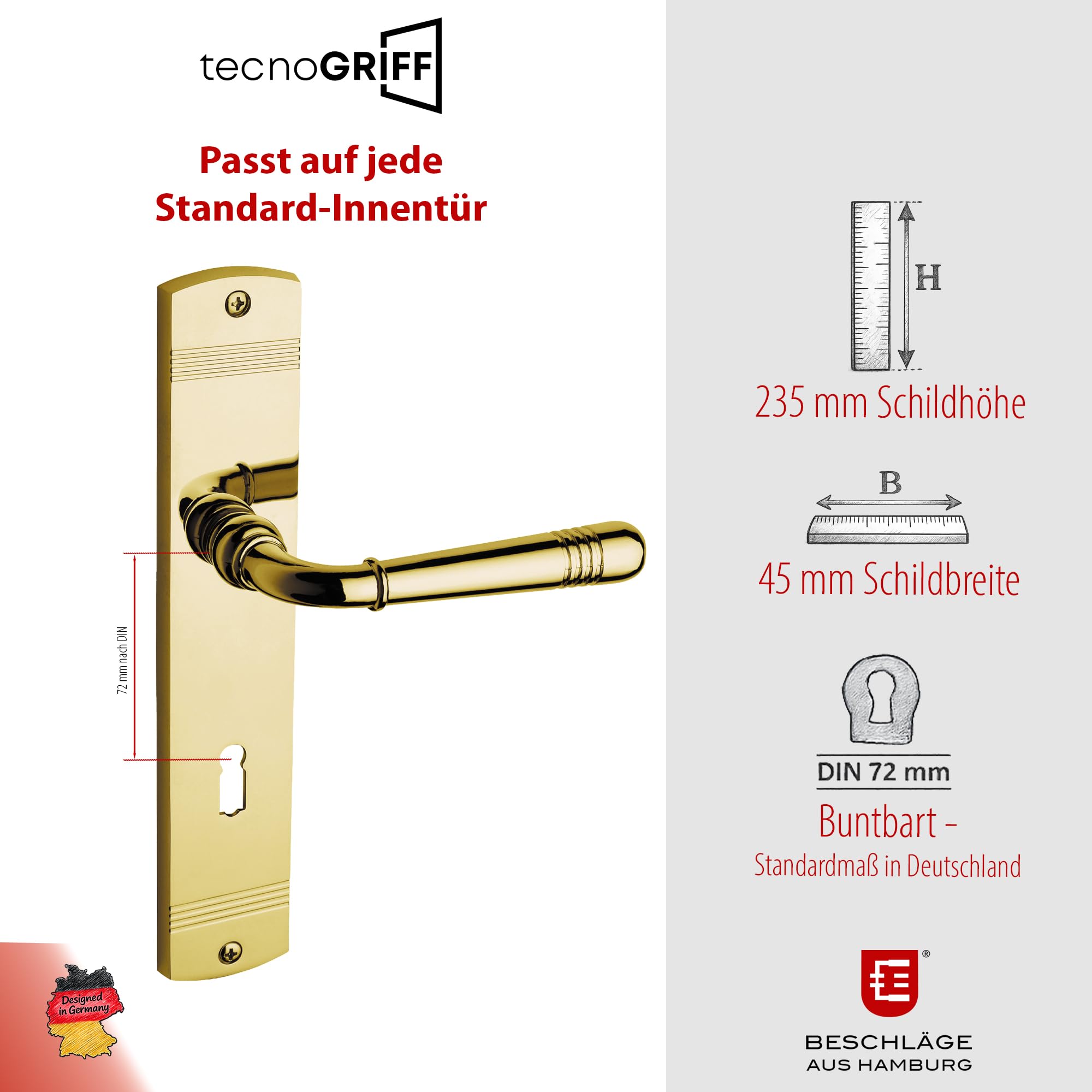 Beschläge Hamburg | Türgriffe Türbeschlag | Emily MPu PVD BB | Türklinken mit Buntbart Langschild 45 x 235 x 8 mm für Zimmertüren | Drückergarnitur/Türdrücker für Innentüren | in messingfarben PVD