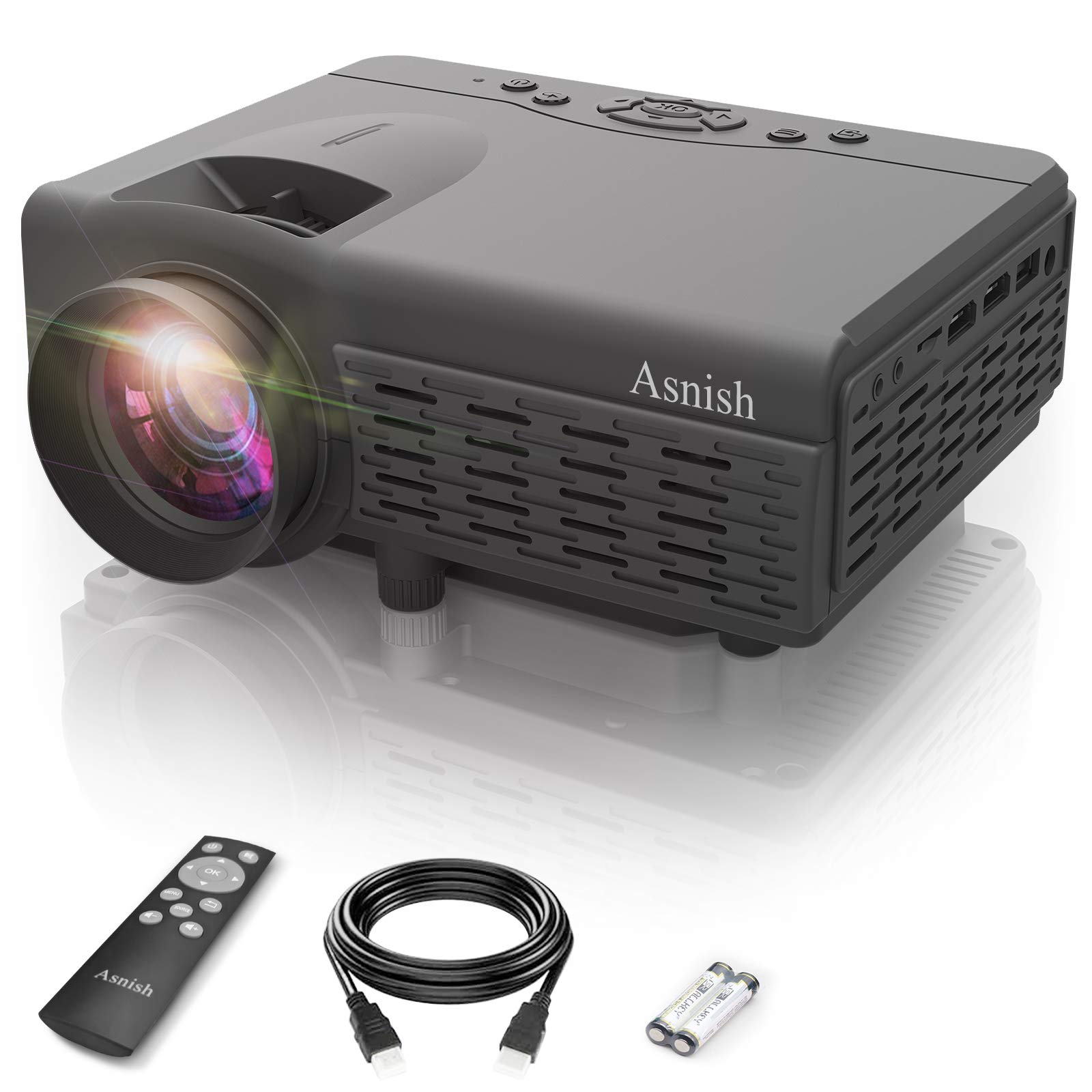 Image showing the Asnish PJ-88BT projector, remote control, power cable, HDMI cable, AAA batteries, and user manual.