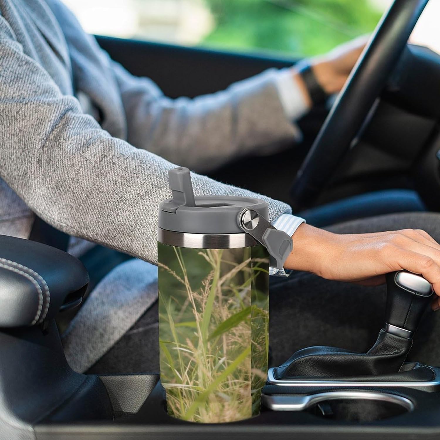 30 Oz Insulated Mug with Handle Lid And Straw Tigers Lurking in The Bushes Pattern Large Metal Sports Bottle Great for Gifts Parties Office Coffee