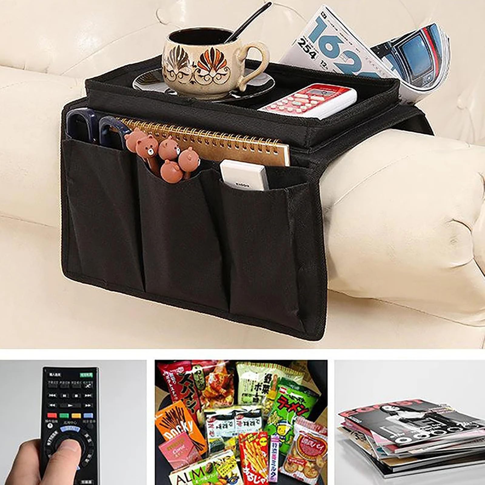 BEISIJIA Organizzatore per bracciolo divano con vassoio, porta telecomando, cellule, tablet, riviste, libri, occhiali, cavi, bevitore, snack, custodia (nero