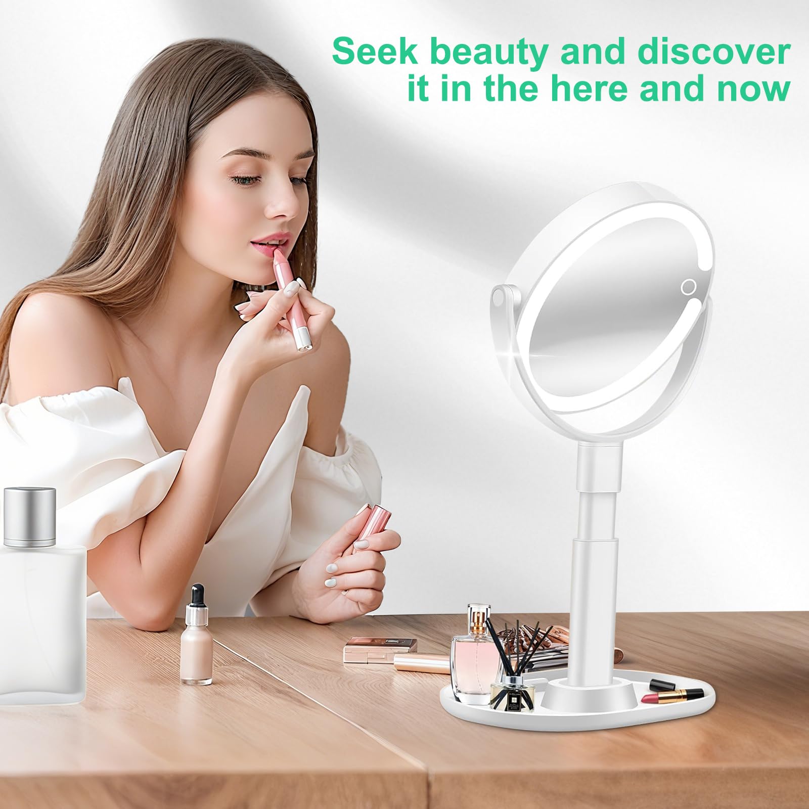 Make-up-Spiegel mit 20-facher, 1-facher Vergrößerung, doppelseitiger Kosmetikspiegel mit 3 Farben einstellbar, um 360° drehbar, höhenverstellbar, wiederaufladbar, Handyhalterung und Tablett