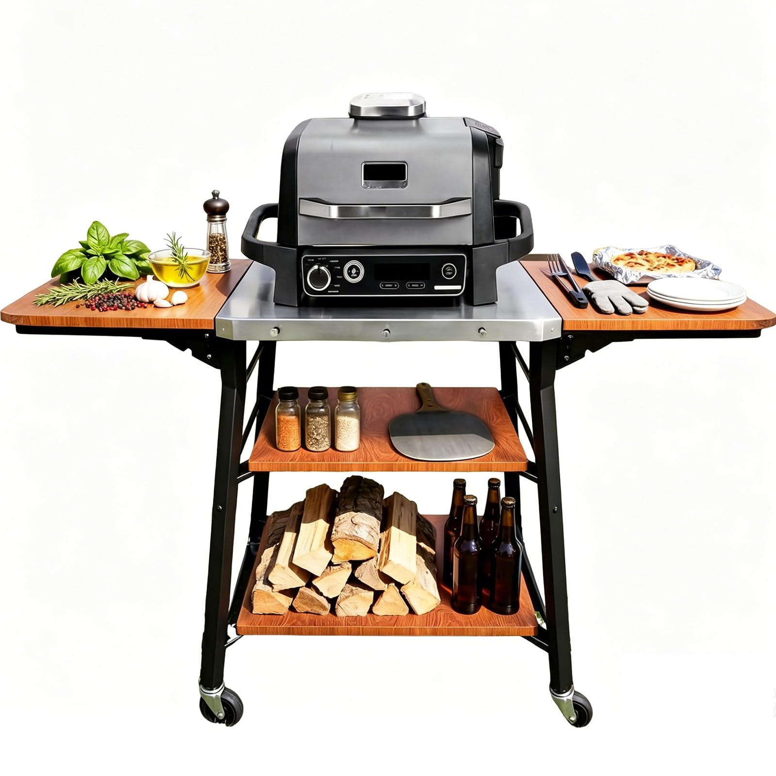 GFTIME Chariot de barbecue avec plan de travail en acier inoxydable, chariot de barbecue avec 2 étagères latérales pliables et 2 étagères de rangement, chariot de cuisine mobile avec roulettes pour