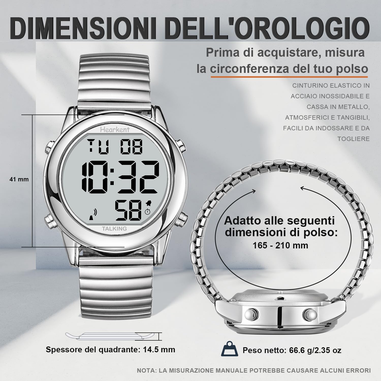 Orologio parlante da uomo, annunci vocali in italiano, cifre grandi e facili da leggere, adatto a ipovedenti, ciechi e anziani, quadrante grande, voce chiara e forte