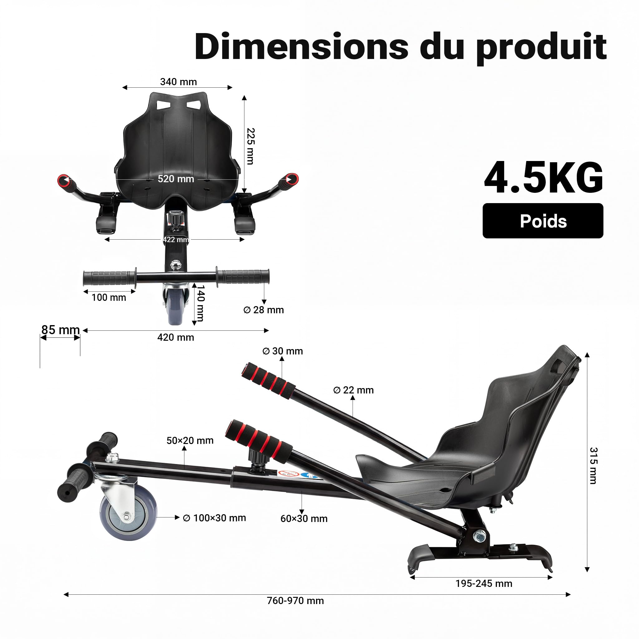 Wiltec Siège de Balance Scooter – Noir – capacité de 120 kg max. – avec Roulette et Poignées – ajustable pour Adultes et Enfants – Siège de Kart Elektroscooter compatible avec Hoverboard