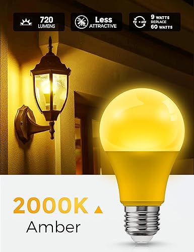 Miniatura 2 de L LOHAS LED Bombillas amarillas de insectos para exteriores, A19 de 9 W para exteriores, equivalente a 60 W, bombilla ámbar de porche de 2000 K, no