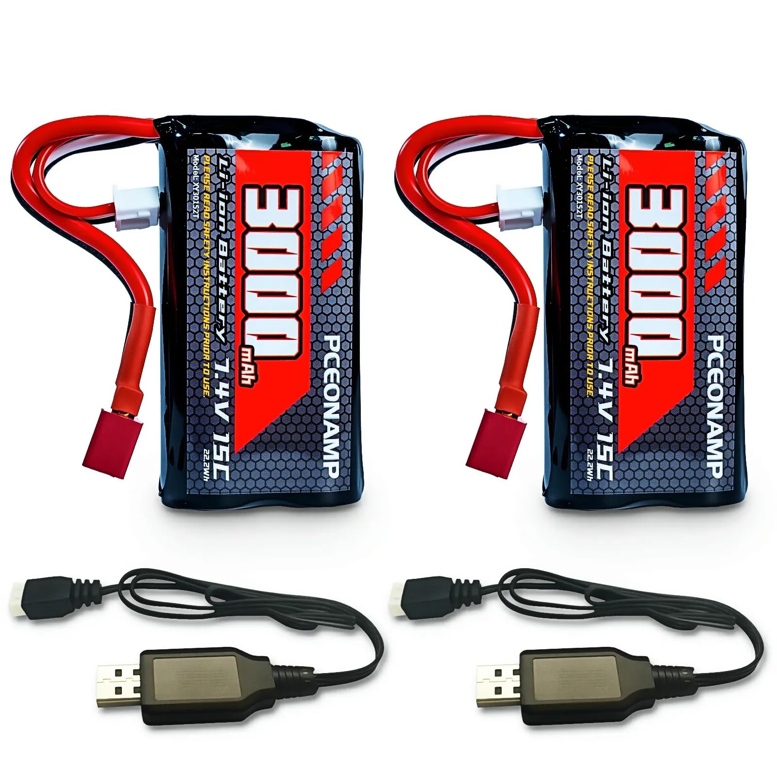 Batería de iones de litio de 7.4 V 3000 mAh 2S T, batería de coche RC para coches de juguete de 1/12, 1/16, 1/18 y coches RC de alta velocidad 4WD, con 2 cables de carga