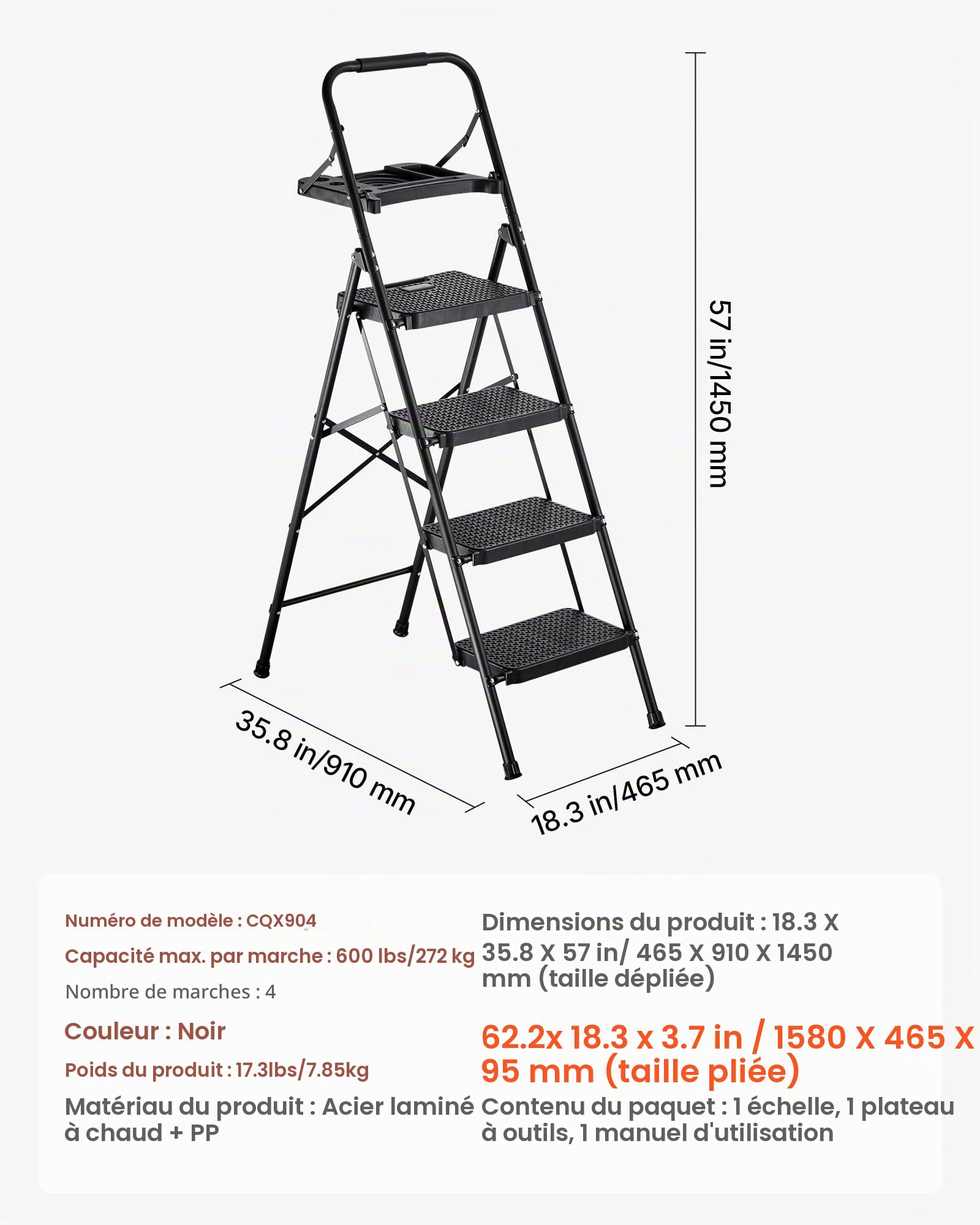 VEVOR Escabeau Pliant 4 Marches Marchepied Pliable Charge 272 kg Échelle Domestique Acier pour Cuisine, Bureau, Travaux Ménagers, avec Large Marche Antidérapante, Plateau Porte-Outils, Poignée, Noir