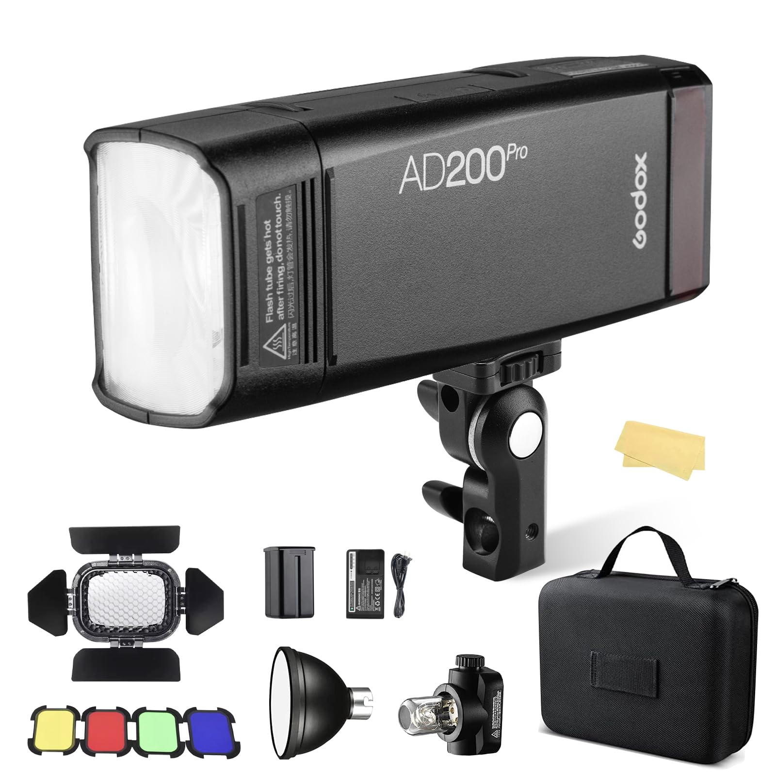 GODOX AD200Pro II Flash de cámara AD200 Pro II 500 Flash de Potencia Completa 2.4G TTL 200W Flashes de Bolsillo HSS 1/8000s LED luz de Modelado con BD-07II Barn Door Honeycomb、AD-E2 Soporte