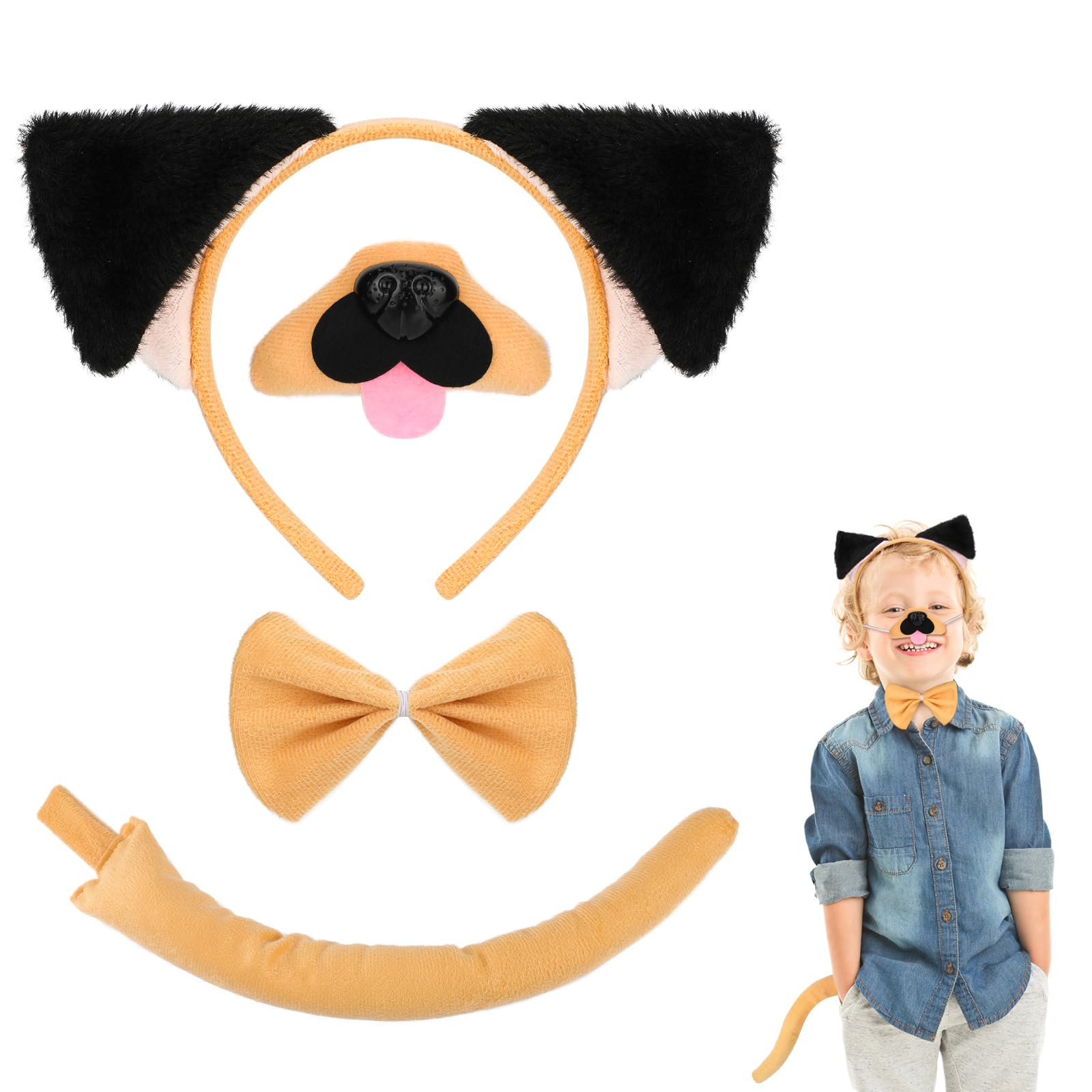4PCS Disfraz Perro Niño Adultos, Marrón Diadema de Orejas de Perro Cola Nariz Pajarita Set, Disfraz Animal Niño de Perro Disfraces Accesorios para Halloween Carnaval Tema Fiesta Día Mundial del Libro