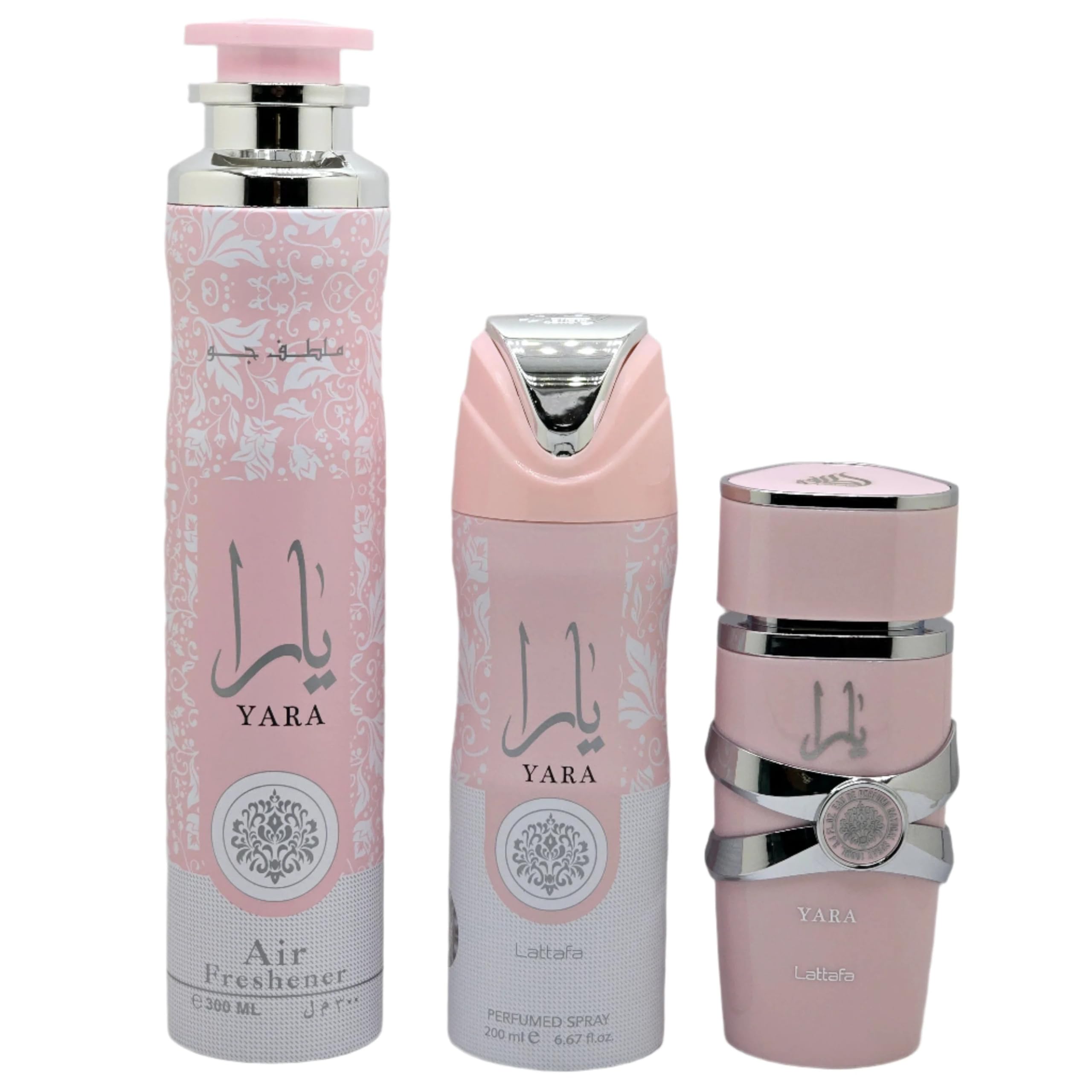 Lattafa Yara For Women 3 Piece Gift Set (3.4 Fl Oz EDP + 6.67 Fl Oz Deo + 10.14 Fl Oz Air Freshener)