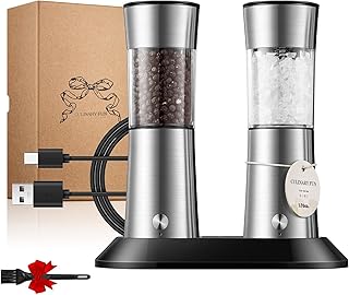 Electric Salt and Pepper Grinder Set, Gravity Operated, USB-C Rechargeable & Charging Base, Stainless Steel, Dual LED Guiding Lights, Comfortable Grip, Adjustable Coarseness, Perfect for Kitchen