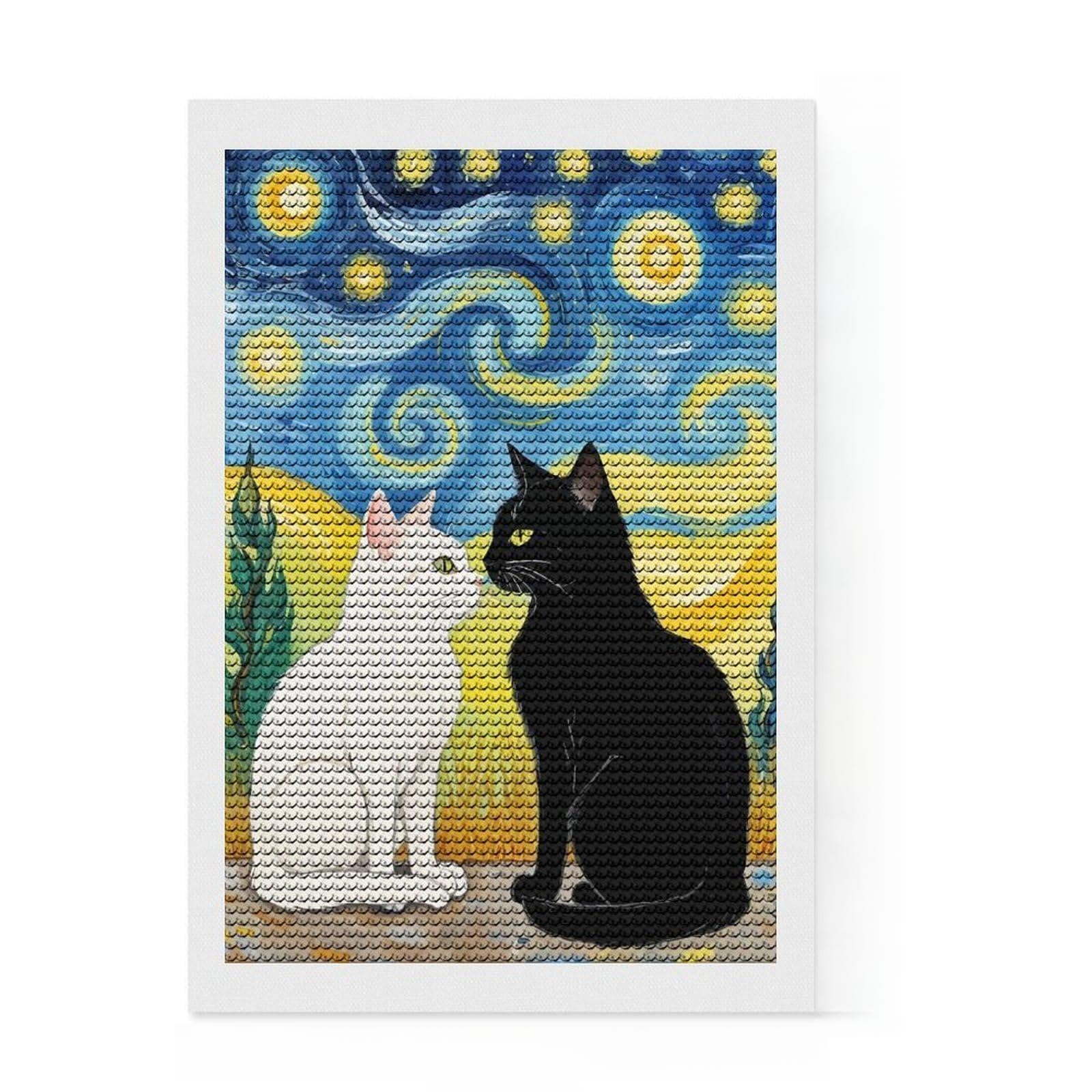 Junmoney Starry Night Cats Diamond Art Canvas 8"x12", Easy to Follow Symbols, Easy Handmade Project, Boho Decor, Holiday Gift Idea