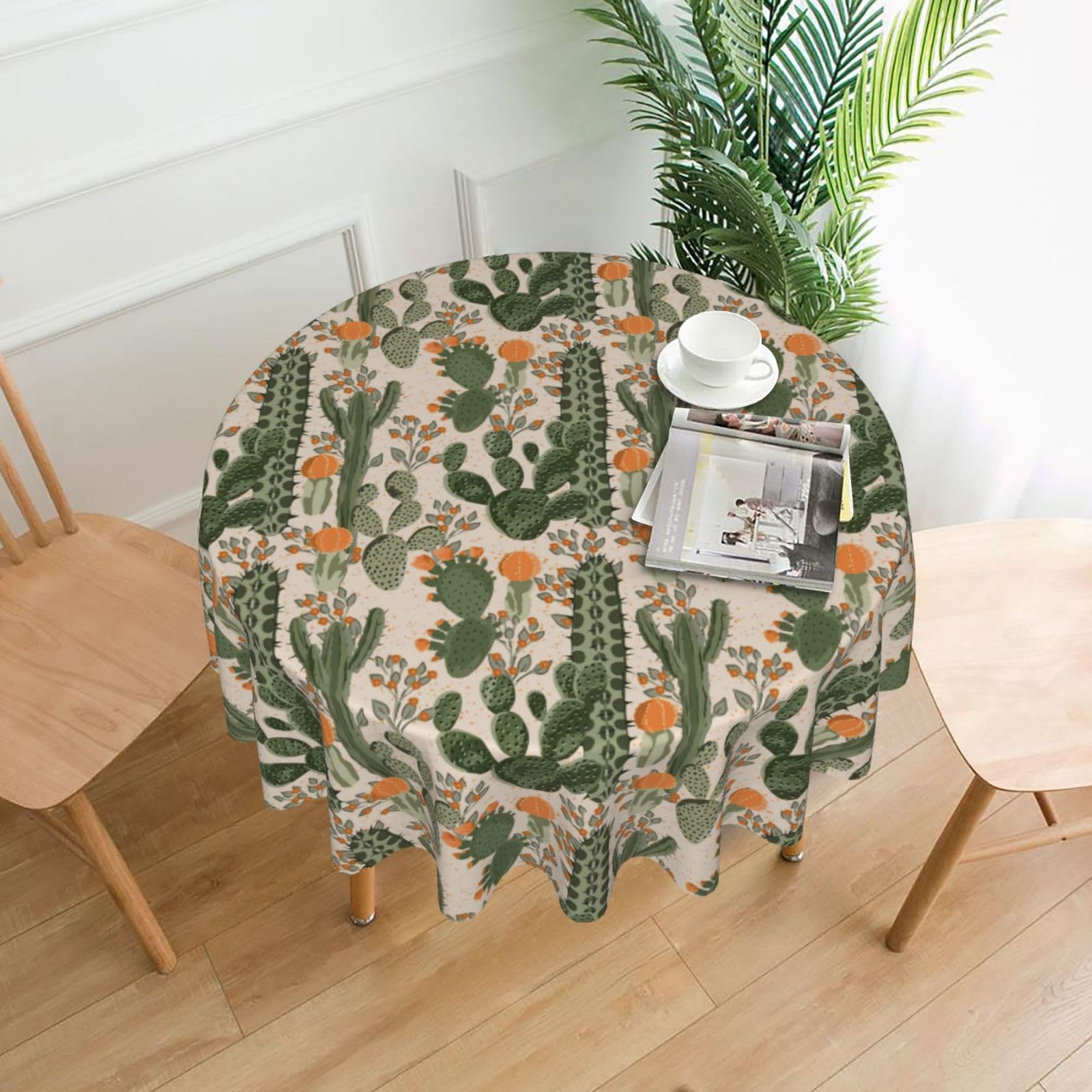 SDEGTHO Green Cactus Print Modern Retro Round Tablecloth 60in Polyester Fabric Cover for Party Dining Table Washable