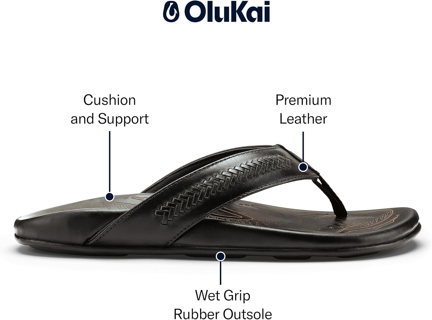 OLUKAI Mea Ola Mano Men's Leather Sandals, Everyday Flip Flops, Premium Materials & Intricate Details, Arch Support & Comfort Fit