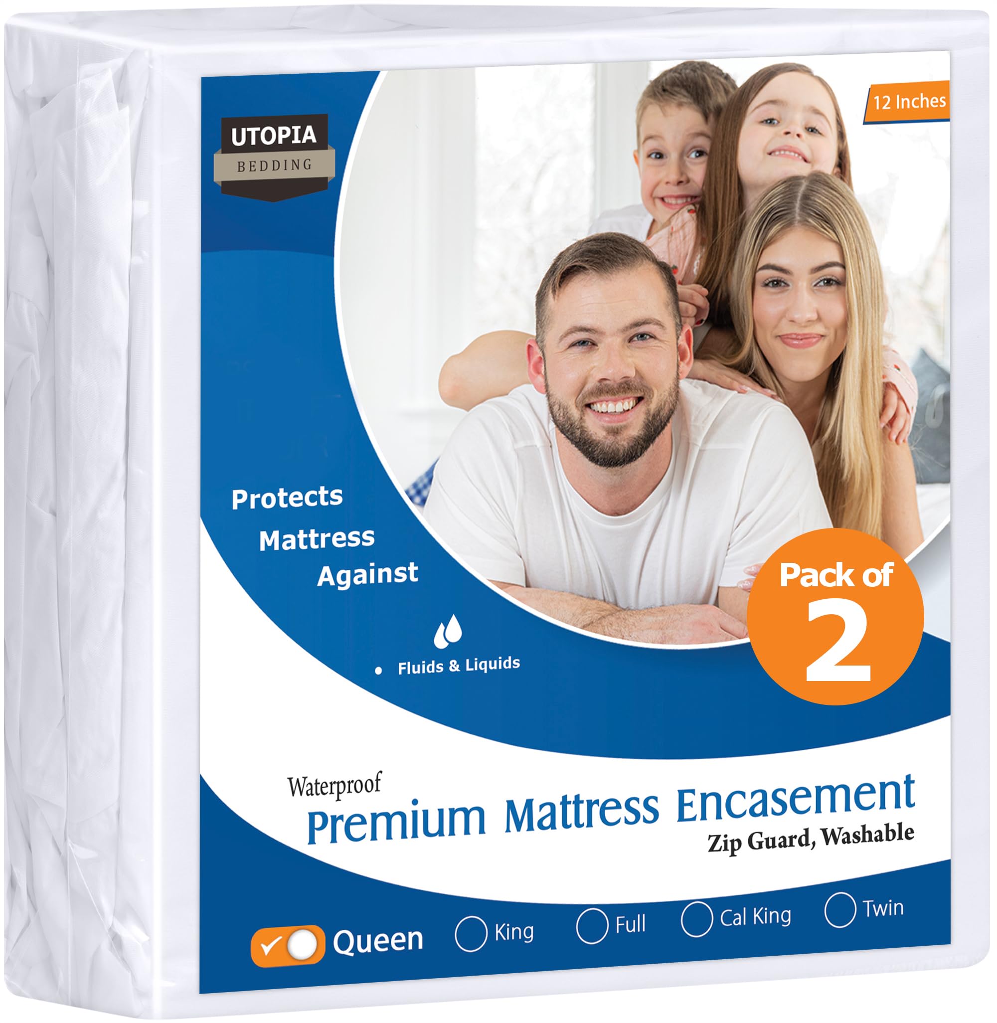 Utopia Bedding Premium Zippered Mattress Encasement (Fits 12 Inches Mattress, Queen) - Waterproof and Bed Bug Proof Mattress Protector - Six-Sided Mattress Cover (Pack of 2)