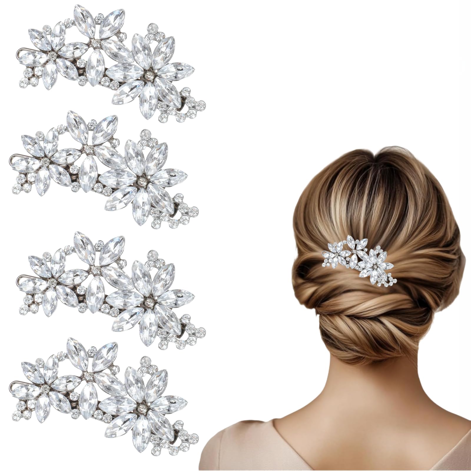 4Pcs Rhinestone Sparkly Silver Hair Clips for Women Flower Design Prom Hair Accessories for Women