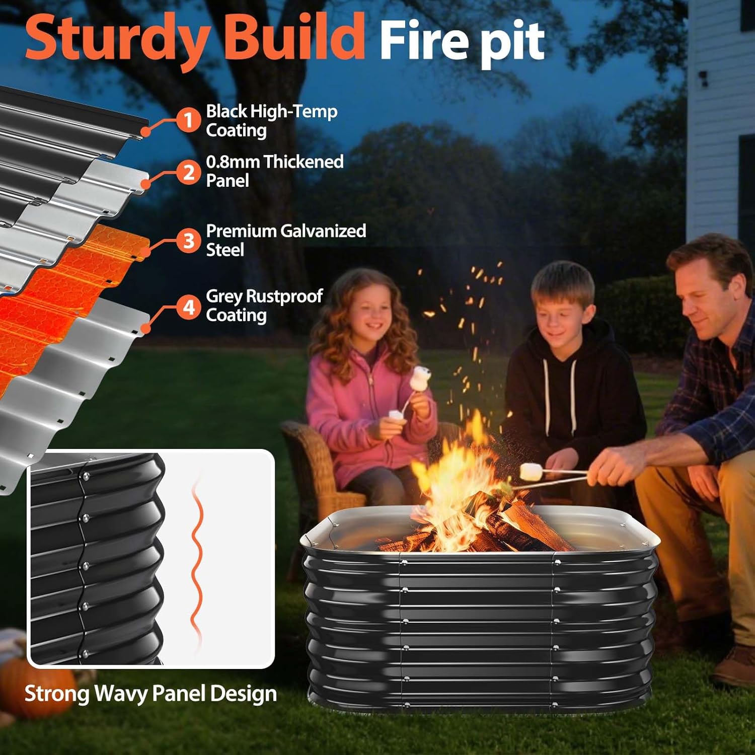 16.5''Tall Fire Pit Ring for Outside - 27IN Heavy Duty Square Wood Burning Firepit &Outdoor Fireplaces,High Heat Resistant,Galvanized Steel Metal Bonfire Pits Portable for Camping,Backyard,Beach,Patio