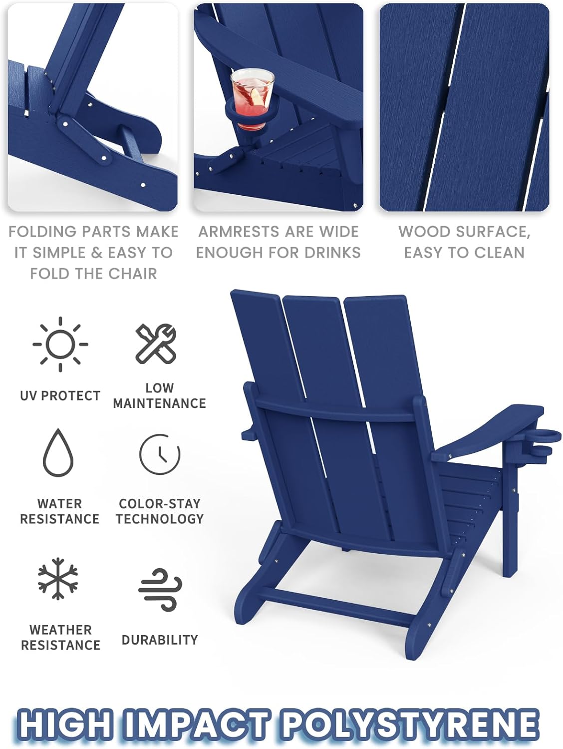 Adirondack Chair with Cup Holder Set of 2, Folding Outdoor Lawn Chair, HDPE Plastic Fire Pit Chair, Weather Resistant Patio Chairs for Deck, Porch, Backyard, Garden, Navy Blue