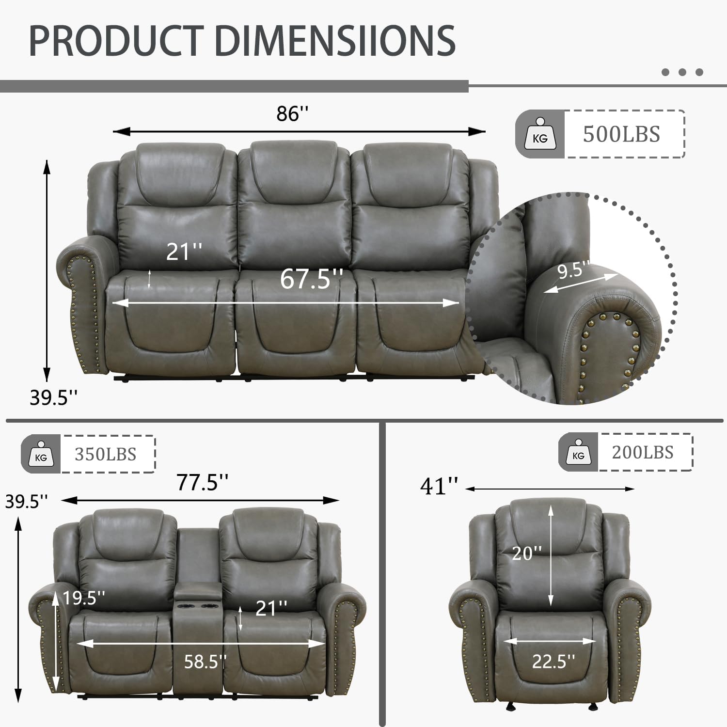 Leather Recliner Sofa Set, Living Room Furntiure Set, Leather Sofa Set Rivet Trim Reclining Sofa with Cup Holders (3 Piece Living Room Set, Grey)