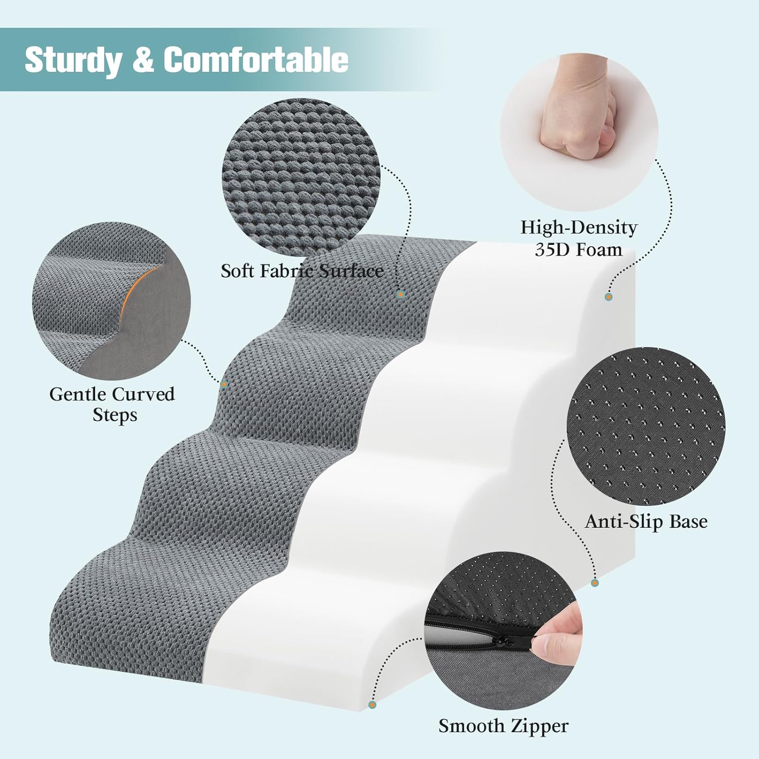 Dog Stairs for Small Dogs, 4-Step Dog Steps for Couch Sofa and Low-Profile & Platform Bed, High-Density Foam Pet Steps Ramp with Removable Washable Cover for Older Injured Dogs Cats, 15.75" H, Grey