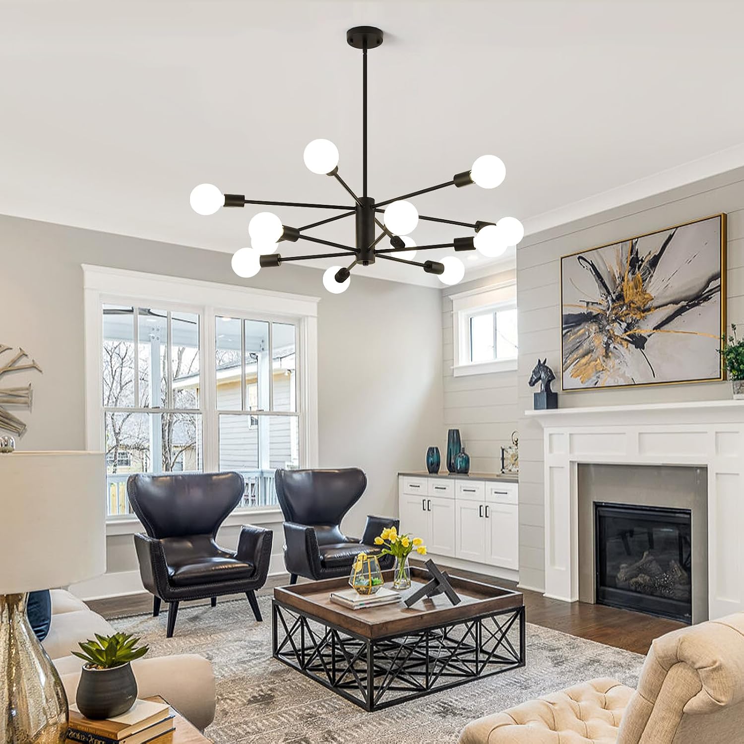 AMZASA Black Sputnik Chandeliers, 12 Light Modern Farmhouse Mid Century Pendant Light, Chandeliers for Dining Room Living Room Kitchen Island Entryway Foyer, UL Listed