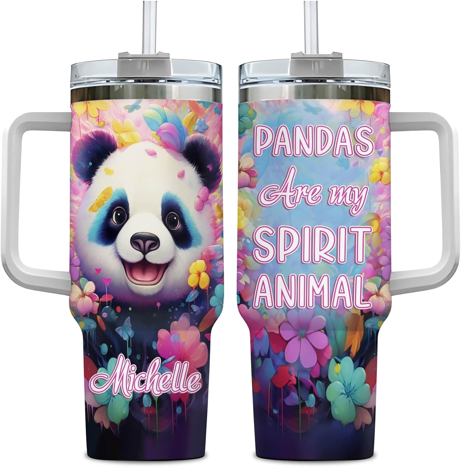 Hyturtle Personalized Gifts For Panda Lover Tumbler 40oz with Handle and Straw - Stainless Steel Travel Coffee Cup With Lid - Cute Animal Lover Gifts For Women, Girl On Birthday Christmas