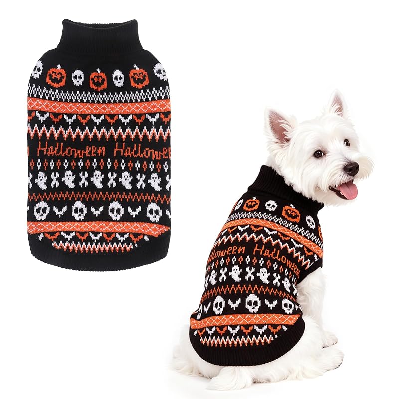Suéter para Cães PUPTECK com Estampa de Halloween Preto e Laranja, Tamanho Pequeno/Médio