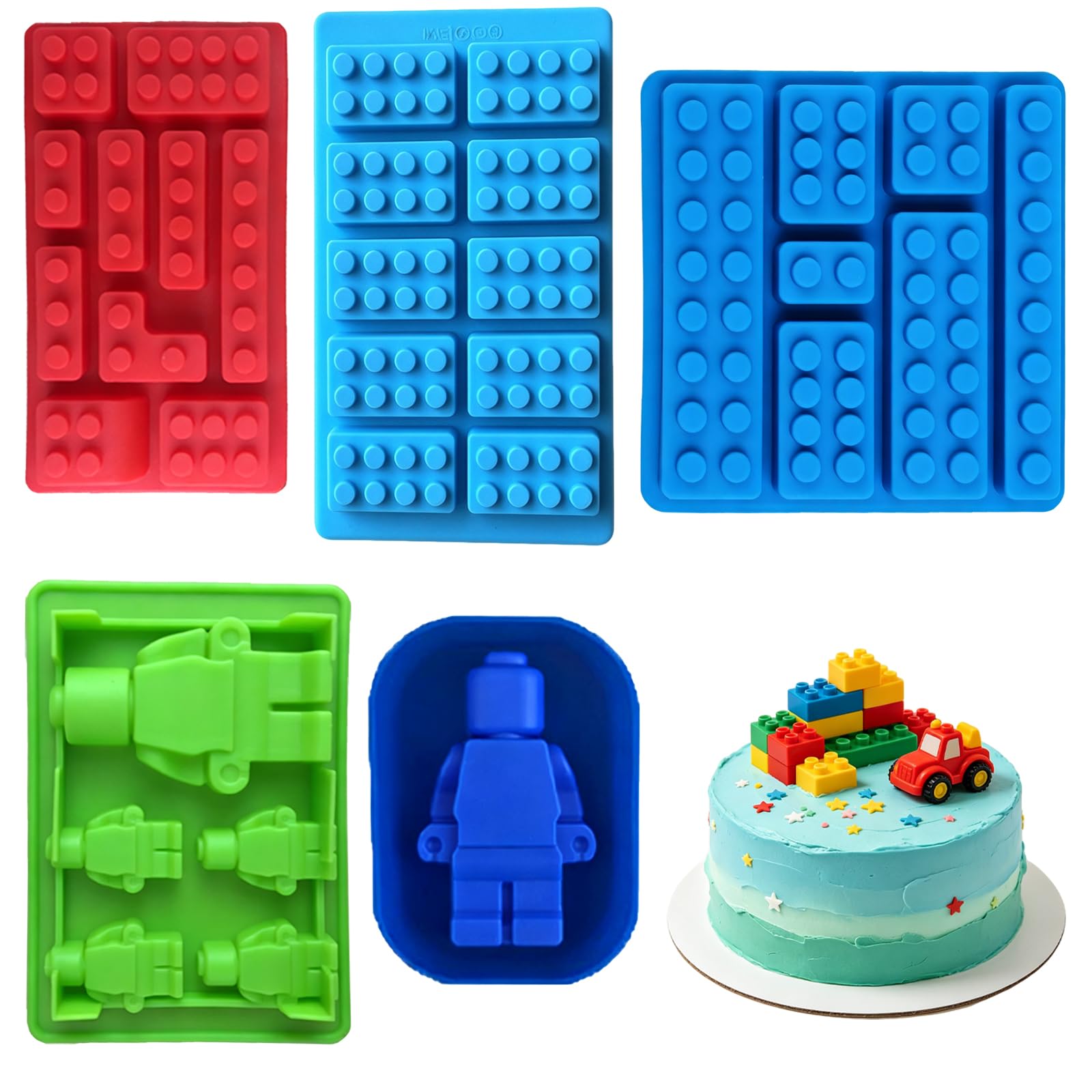 5 PCS Silicone Chocolate Moulds, Building Brick-Shaped Candy and Robot-Shaped Jelly Mould, Silicone Baking Moulds for Baking Activities and Party Treats, Assorted Colours