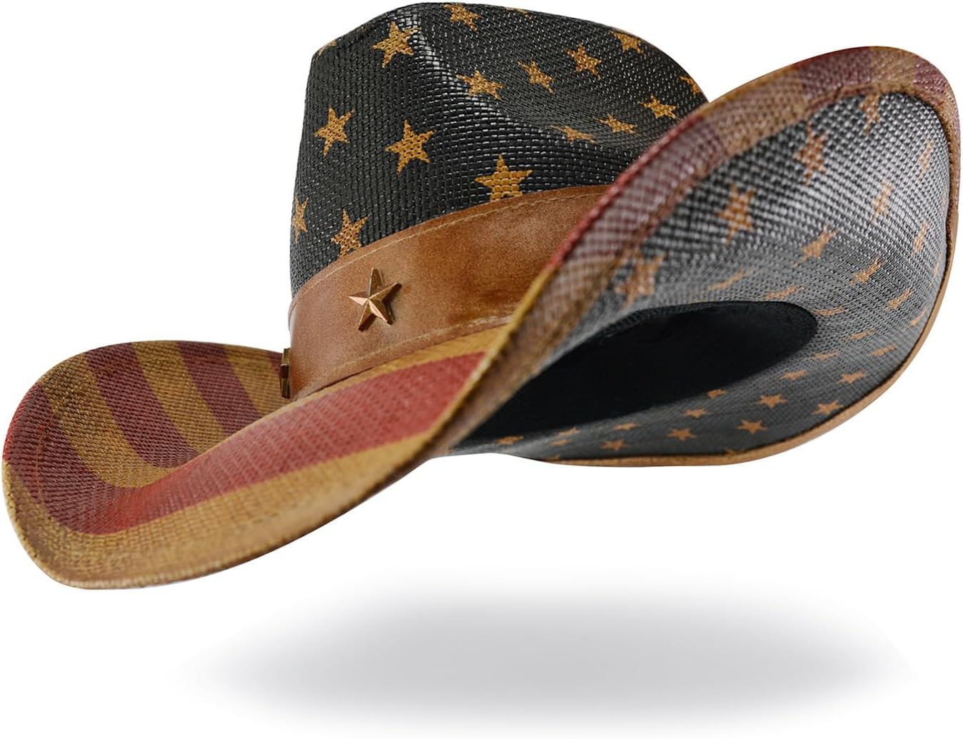 FLUFFY SENSE. Vintage USA American Flag Cowboy Hat Classic Tea Stained Patriotic Western Cowgirl Hat with Shapable Brim - Image 4