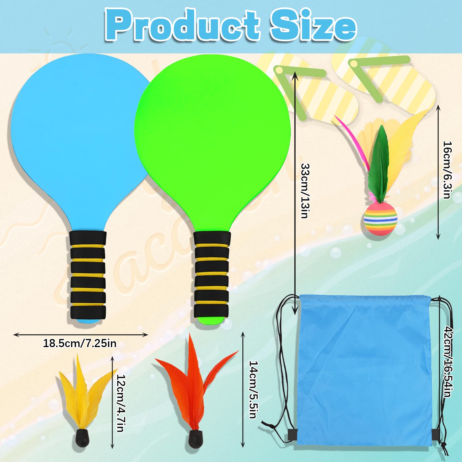 Beach Ball Spiel Set, Strandball Schlägerset für Kinder, Beachball Set with 2 Schläger 6 Federbälle 1 Tasche, Paddleball Spielset für Kinder&Familie für Garten Strand Party