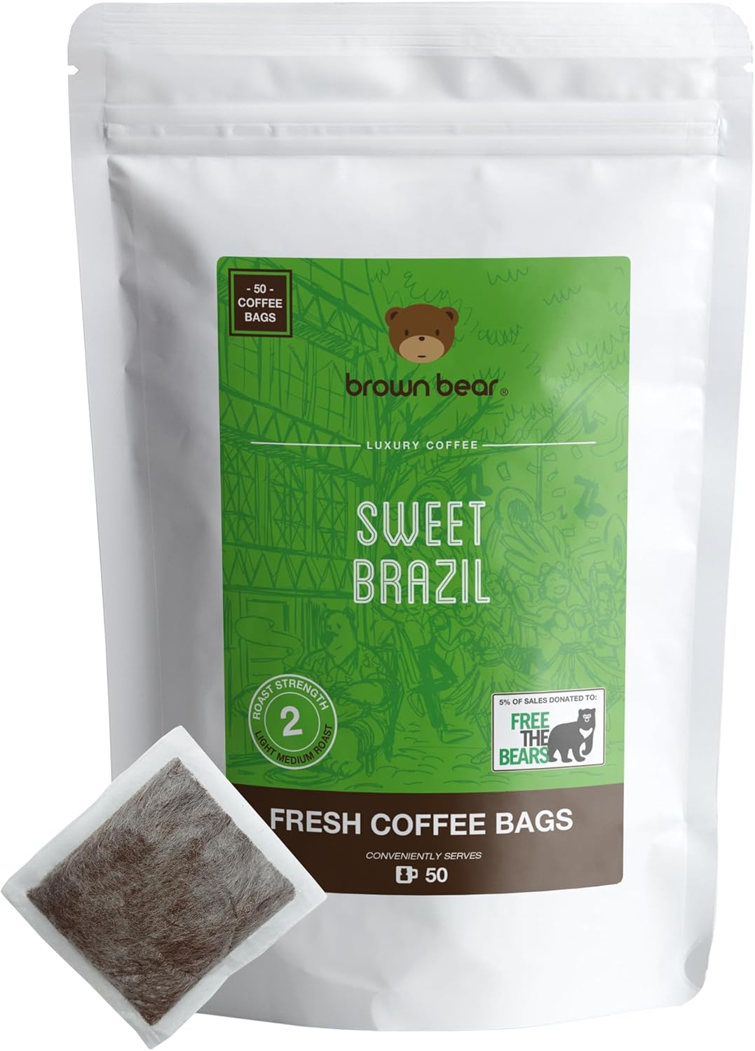Brazilian Coffee Bags Pack of 50 Medium Roast Brown Bear Sweet