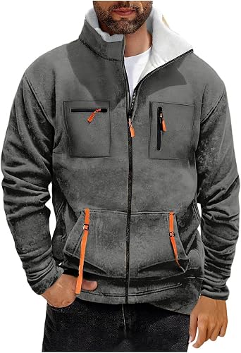 FZYLQY Mens Fleece Sherpa Lined Jacket Full Zip Stand Collar Coats Winter Work Cargo Jackets Thick Thermal Warm Outerwear
