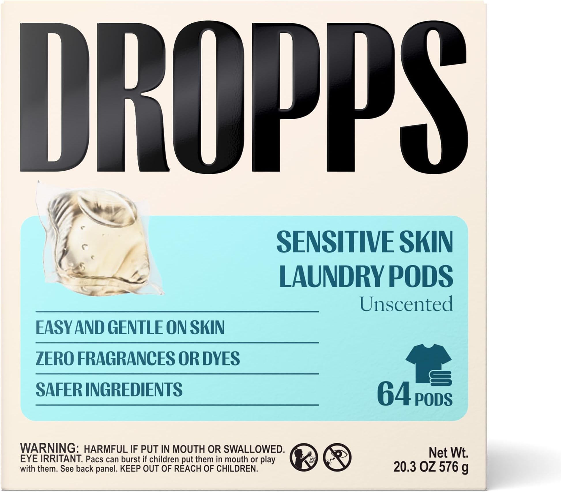 Dropps Sensitive Skin Laundry Detergent Pods, Unscented (64 Ct) - Hypoallergenic & Dermatologist Tested | Free & Clear | Laundry Pods for Sensitive Skin | Clean Ingredients | Plastic Free Packaging
