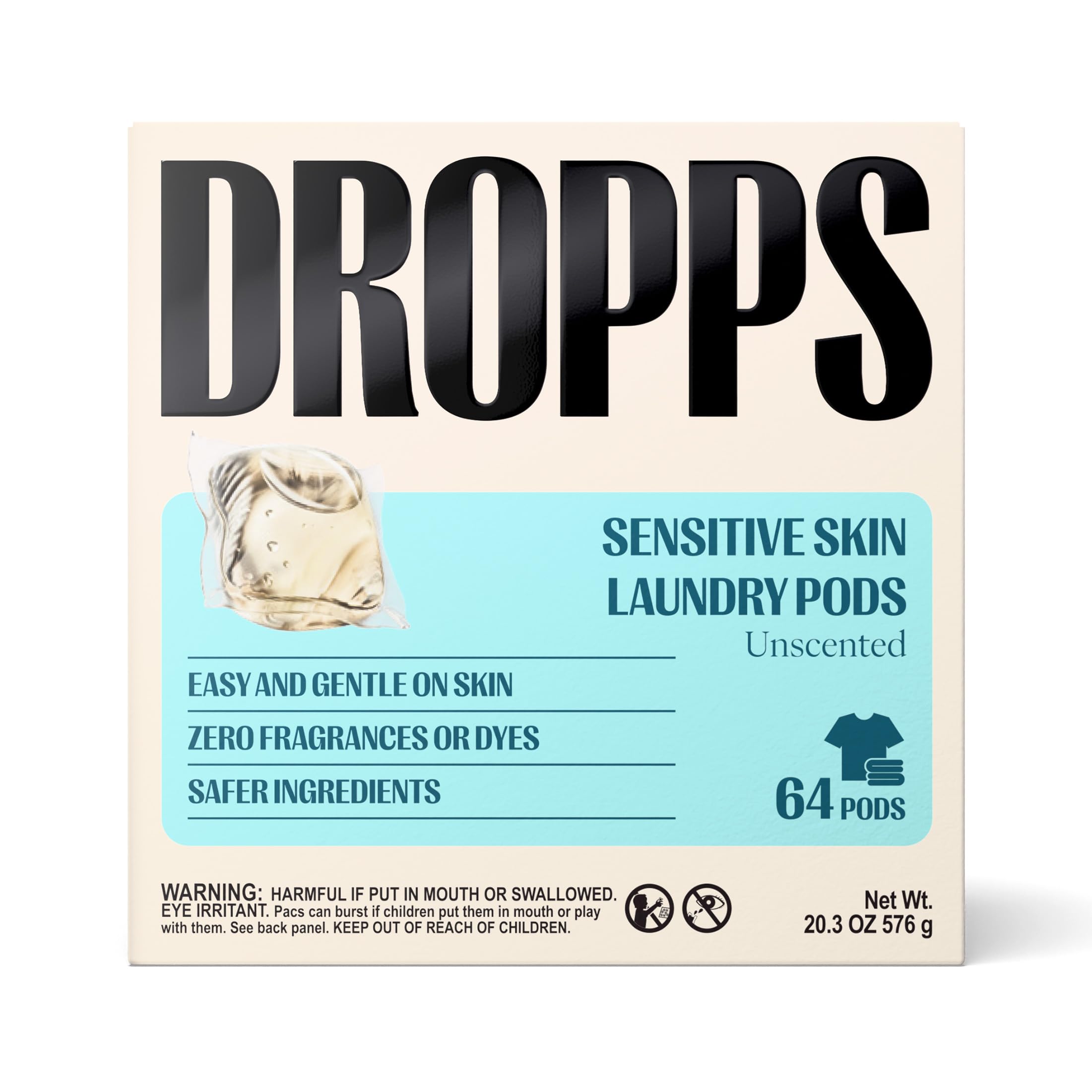 dropps Sensitive Skin Laundry Detergent Pods, Unscented (64 Ct) - Hypoallergenic & Dermatologist Tested | Free & Clear | Laundry Pods for Sensitive Skin | Clean Ingredients | Plastic Free Packaging