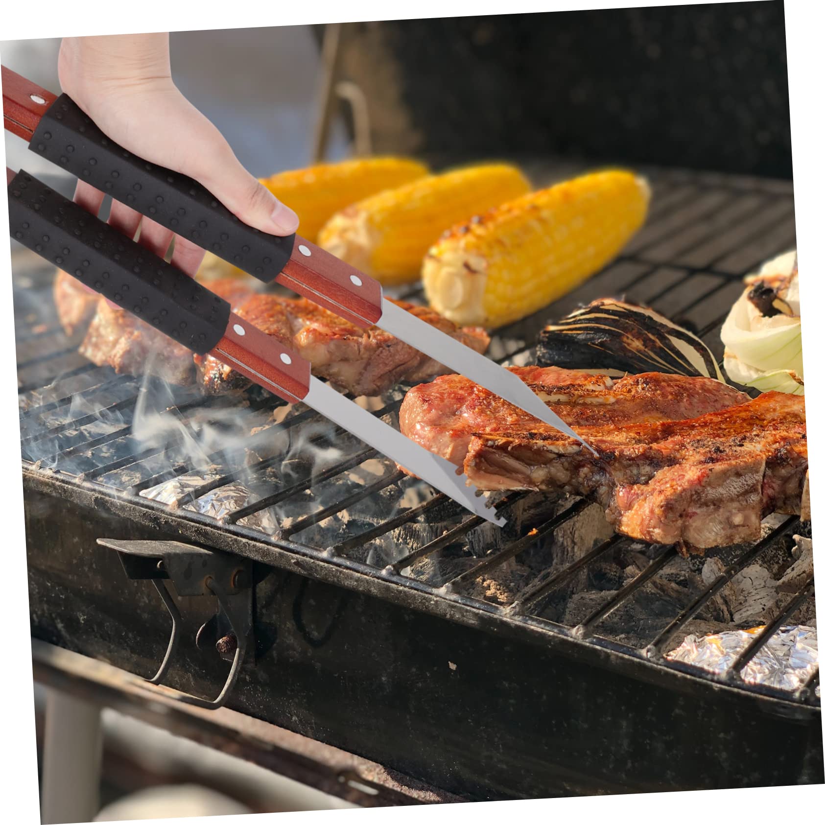 HANABASS Pinze da Griglia in Metallo Inossidabile con Manico in Legno, Utensili per Buffet e Cucina, Accessori per Barbecue Esterno